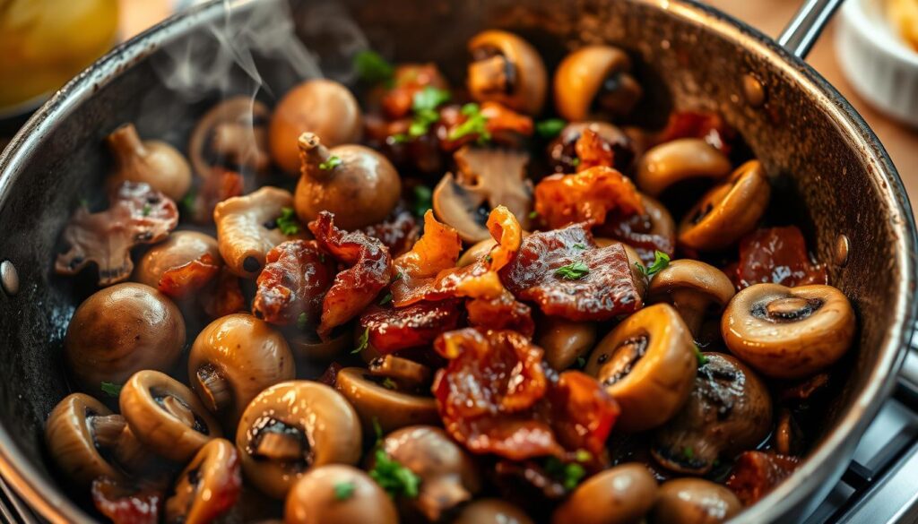 Sautéed mushrooms and crispy bacon