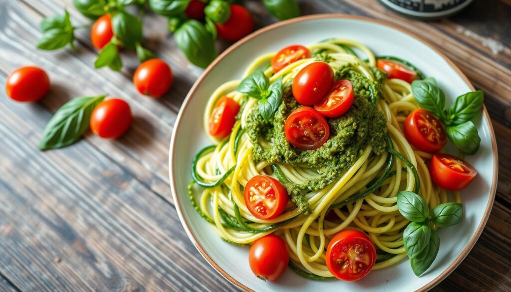 Zucchini Noodles with Pesto and Cherry Tomatoes